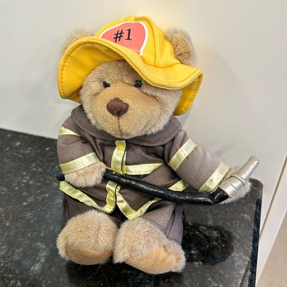 Number One Hero Bear Plush Fireman Firefighter Yellow Brown Toy Bear